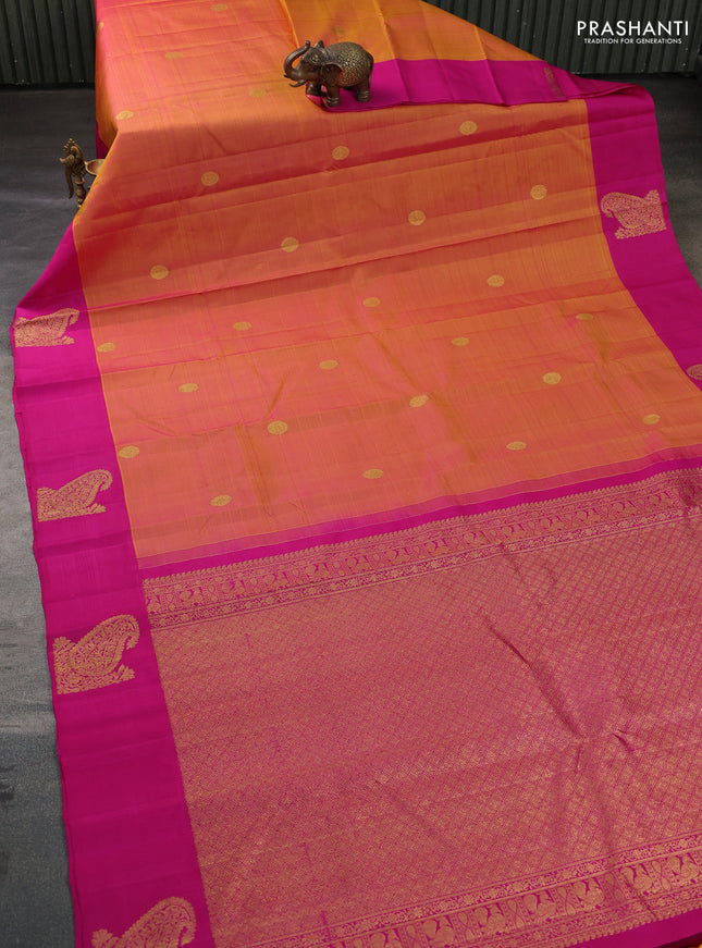 Pure kanchipuram silk saree dual shade of mustard and pink with zari woven buttas and zari woven butta border