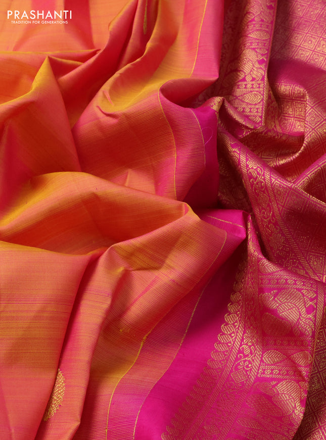 Pure kanchipuram silk saree dual shade of mustard and pink with zari woven buttas and zari woven butta border