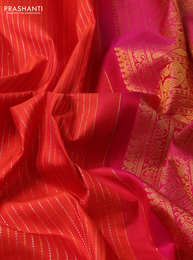 Pure kanchipuram silk saree orange and pink with allover silver & gold zari weaves and zari woven butta border