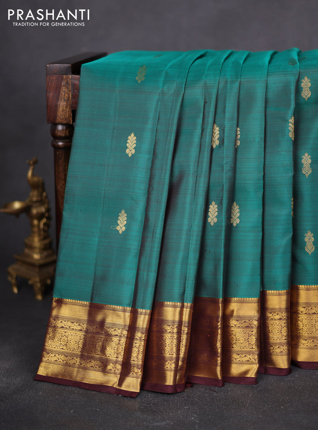 Pure kanchipuram silk saree peacock green and coffee brown with zari woven buttas and zari woven border