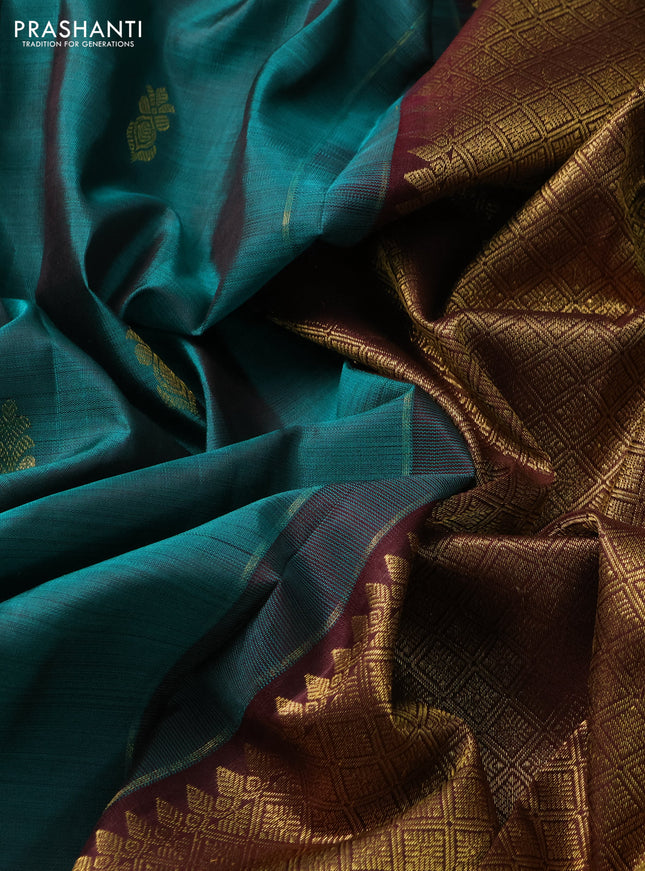 Pure kanchipuram silk saree peacock green and coffee brown with zari woven buttas and zari woven border