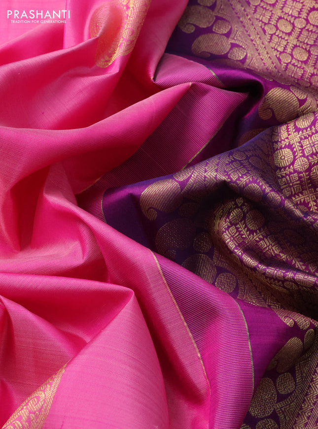 Pure kanchipuram silk saree light pink and purple with allover annam zari woven buttas and zari woven border