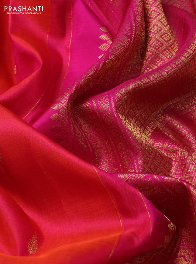 Pure kanchipuram silk saree dual shade of pinkish orange and pink with zari woven buttas and long zari woven border