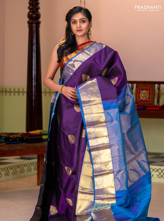 Pure kanchipuram silk saree deep violet and cs blue with zari woven buttas and zari woven border
