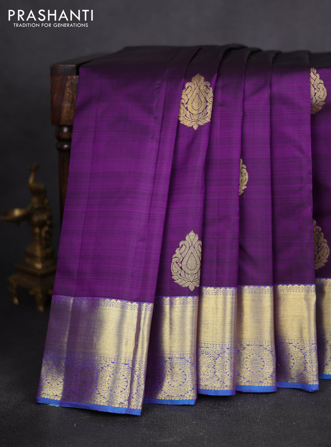 Pure kanchipuram silk saree deep violet and cs blue with zari woven buttas and zari woven border