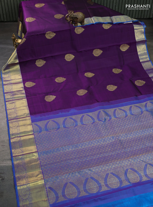 Pure kanchipuram silk saree deep violet and cs blue with zari woven buttas and zari woven border