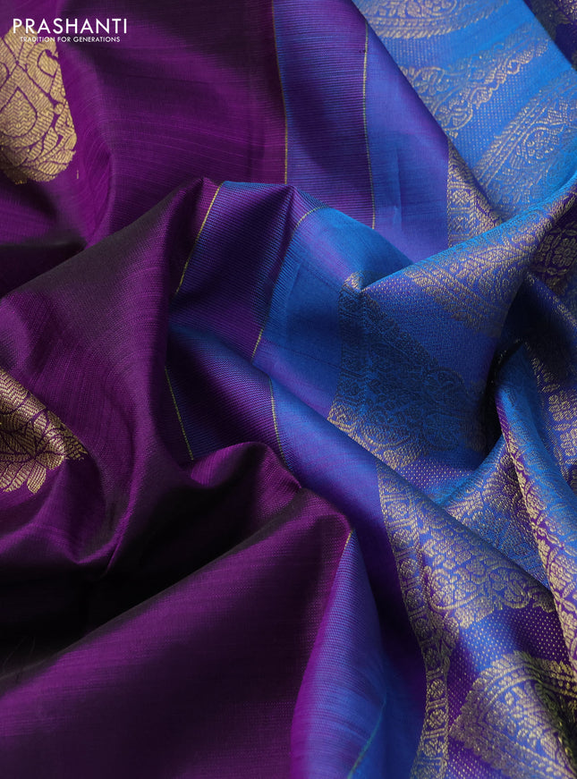 Pure kanchipuram silk saree deep violet and cs blue with zari woven buttas and zari woven border