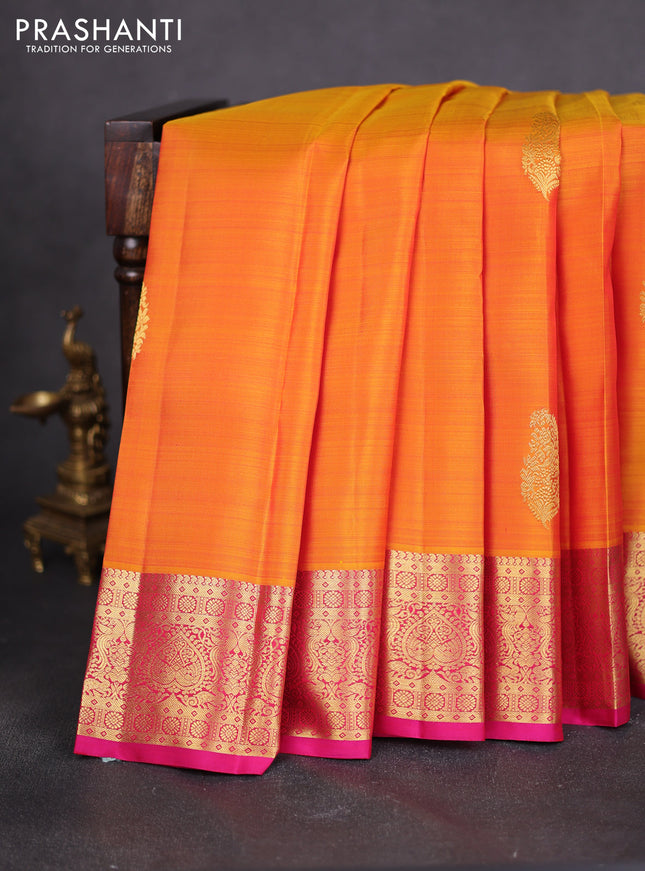 Pure kanchipuram silk saree mustard yellow and pink with zari woven buttas and zari woven border
