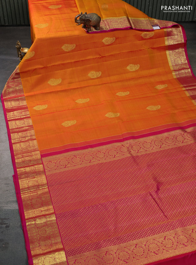 Pure kanchipuram silk saree mustard yellow and pink with zari woven buttas and zari woven border