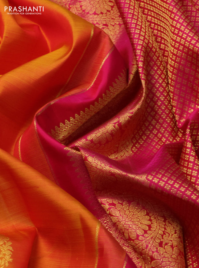 Pure kanchipuram silk saree mustard yellow and pink with zari woven buttas and zari woven border
