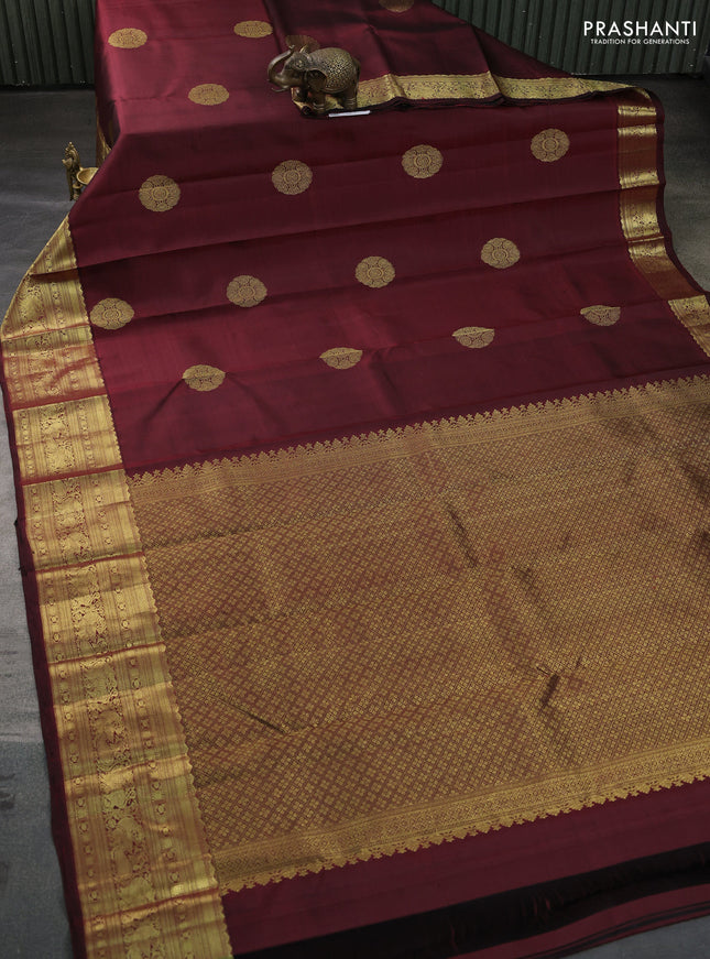 Pure kanchipuram silk saree deep maroon with zari woven buttas and zari woven border