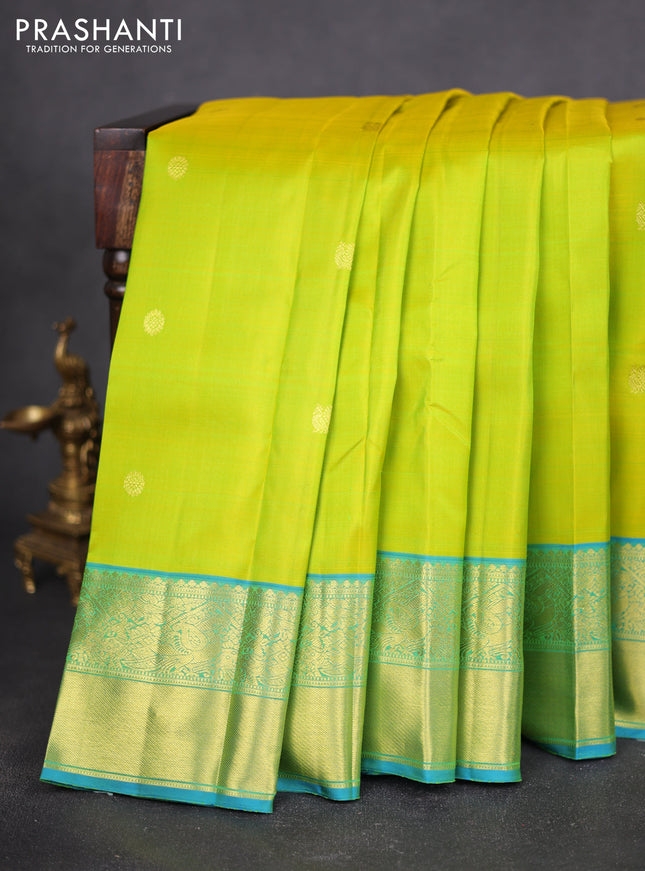 Pure kanchipuram silk saree lime green and teal blue with zari woven buttas and zari woven border
