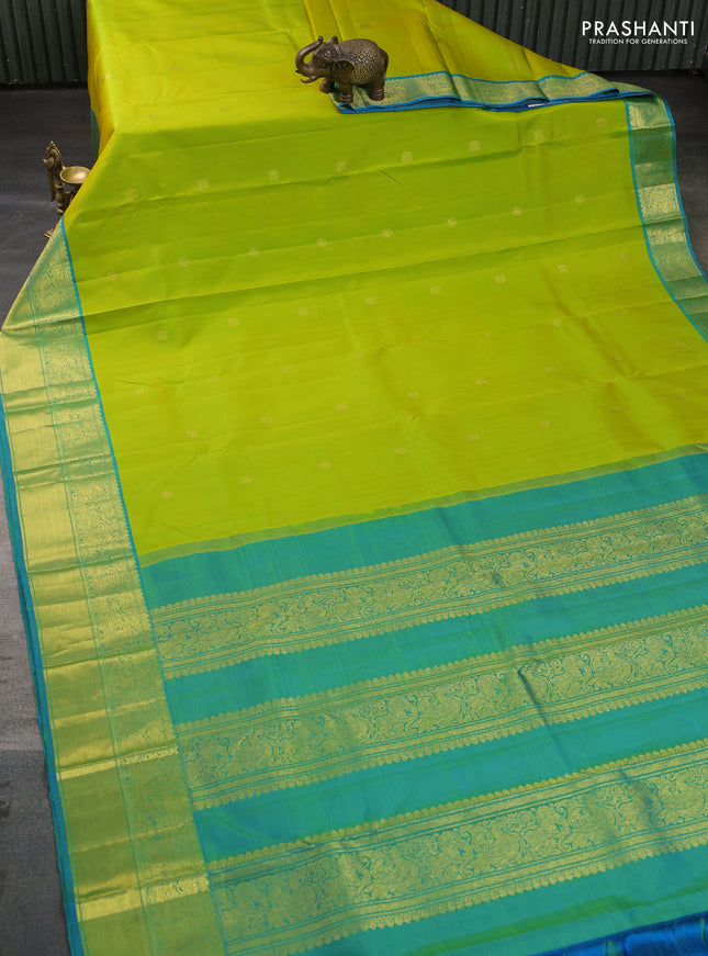 Pure kanchipuram silk saree lime green and teal blue with zari woven buttas and zari woven border