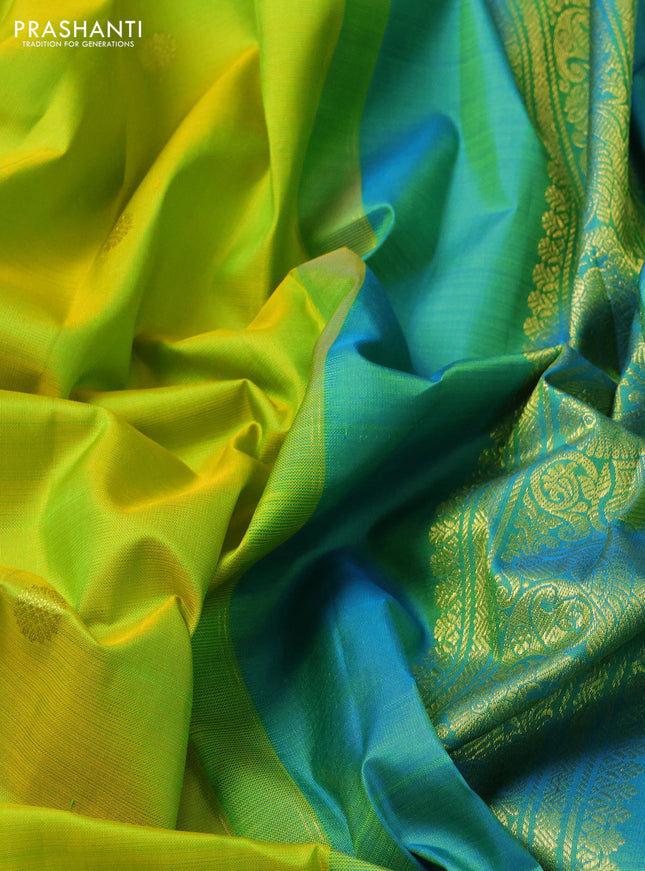 Pure kanchipuram silk saree lime green and teal blue with zari woven buttas and zari woven border