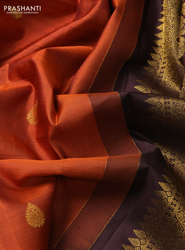 Pure kanchipuram silk saree rustic orange and coffee brown with zari woven buttas and zari woven border