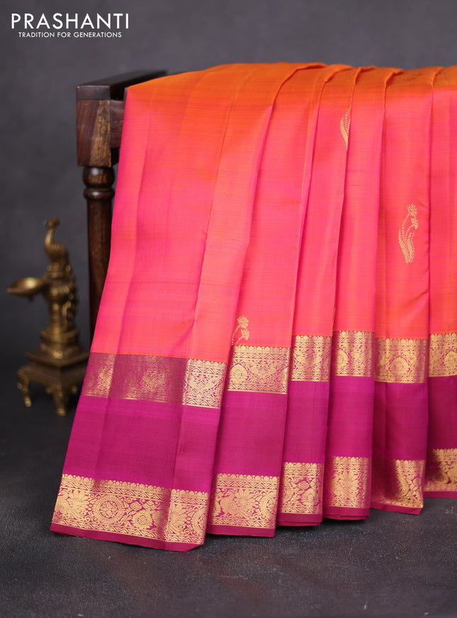 Pure kanchipuram silk saree dual shade of pinkish orange and magenta pink with zari woven buttas and rettapet zari woven border