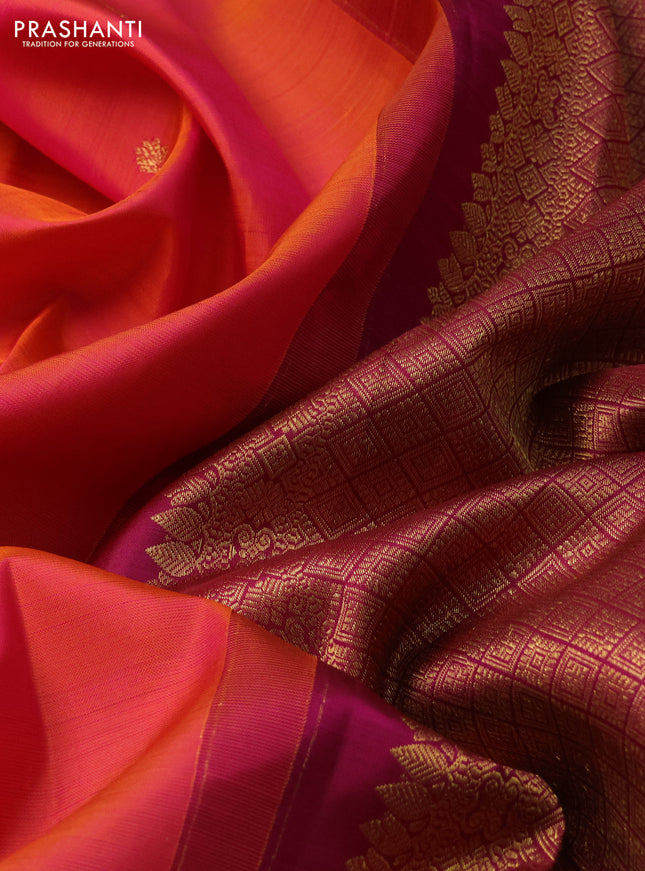 Pure kanchipuram silk saree dual shade of pinkish orange and magenta pink with zari woven buttas and rettapet zari woven border