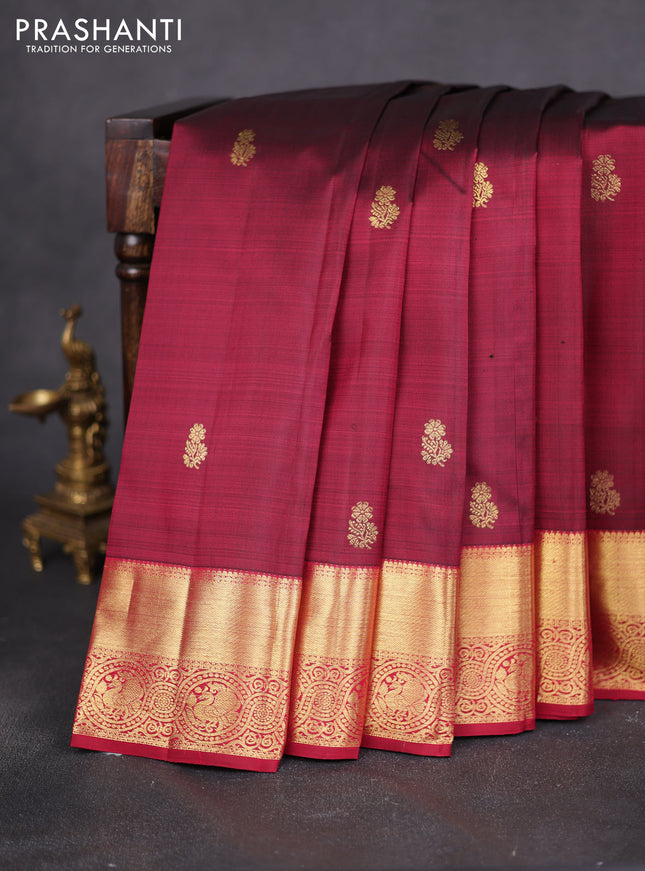 Pure kanchipuram silk saree deep maroon with zari woven buttas and zari woven border