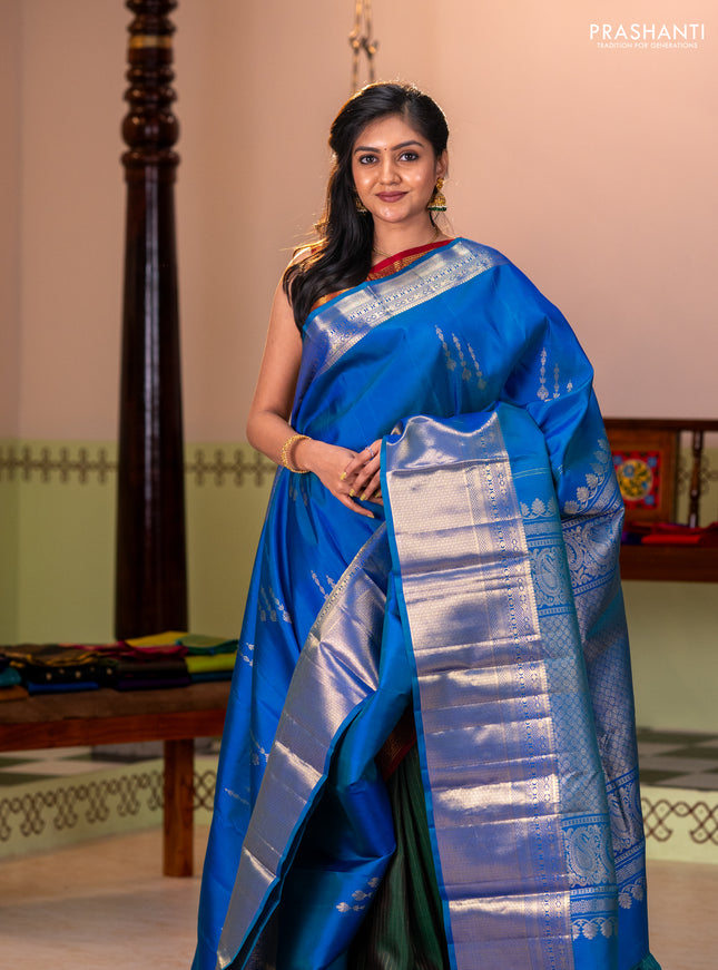 Pure kanchipuram silk saree dual shade of cs blue with zari woven buttas and long zari woven border