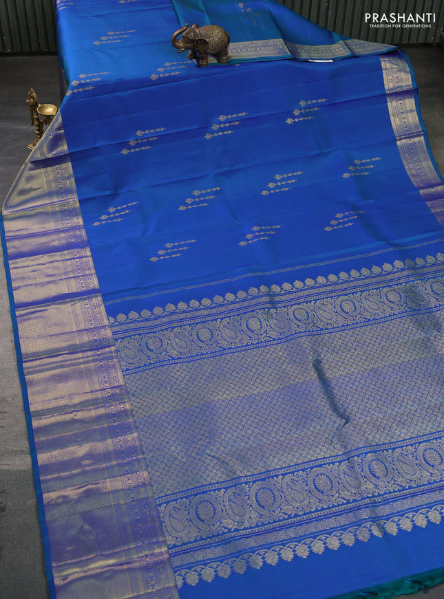 Pure kanchipuram silk saree dual shade of cs blue with zari woven buttas and long zari woven border