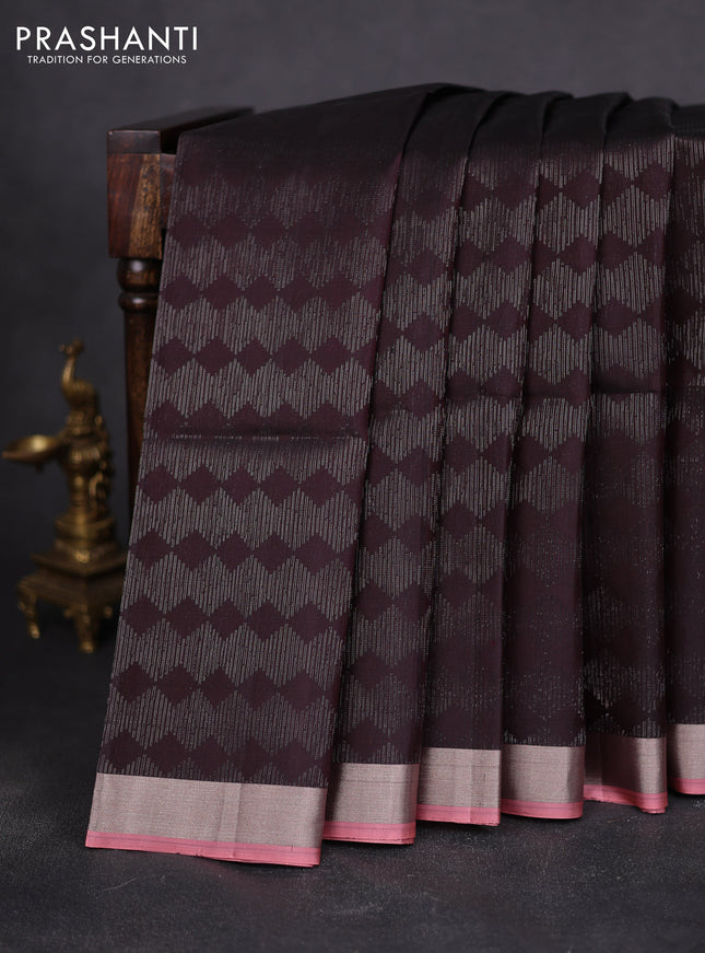 Pure soft silk saree deep coffee brown and peach shade with silver zari woven brocade weaves and zari woven border