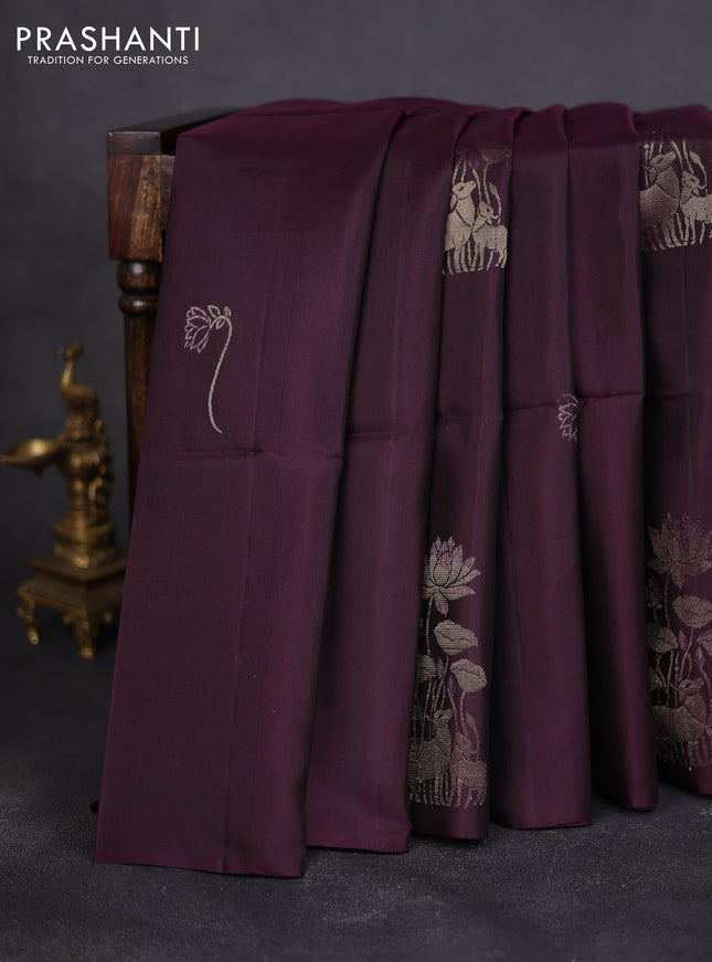 Pure soft silk saree wine shade with pichwai zari woven buttas In borderless style