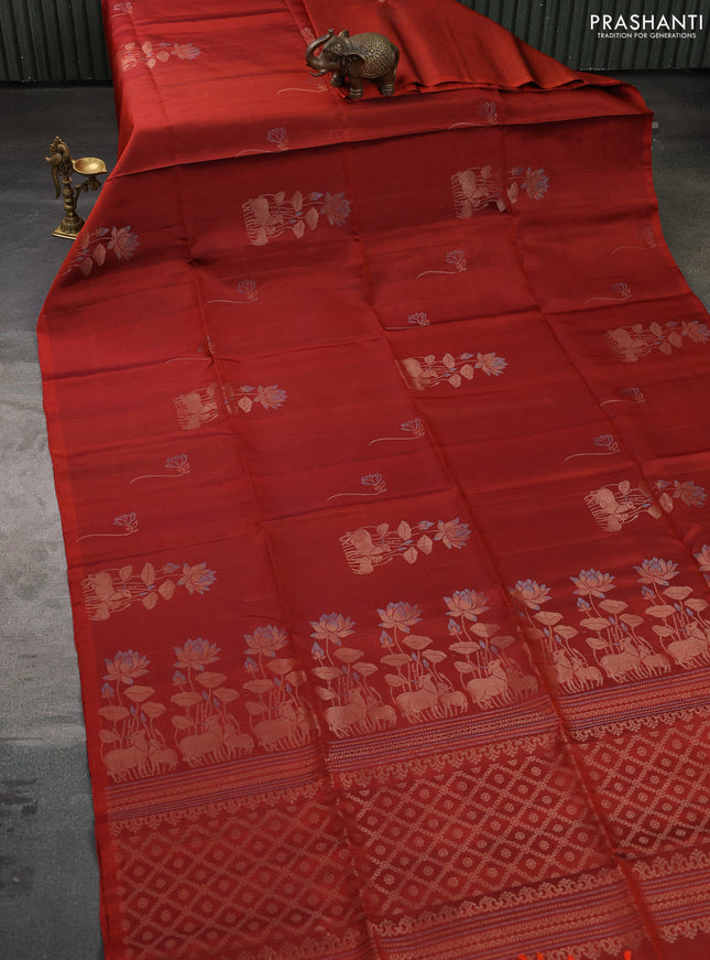 Pure soft silk saree rust shade with pichwai zari woven buttas In borderless style