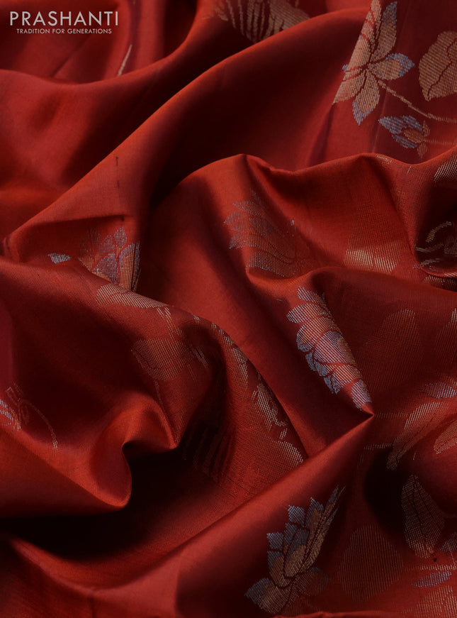 Pure soft silk saree rust shade with pichwai zari woven buttas In borderless style