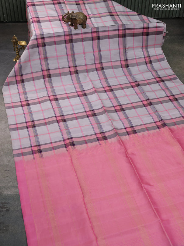 Pure soft silk saree pastel grey and peach pink with allover zari checked pattern In borderless style