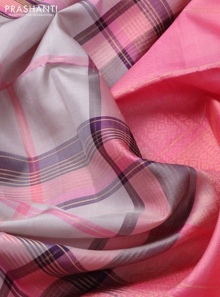 Pure soft silk saree pastel grey and peach pink with allover zari checked pattern In borderless style