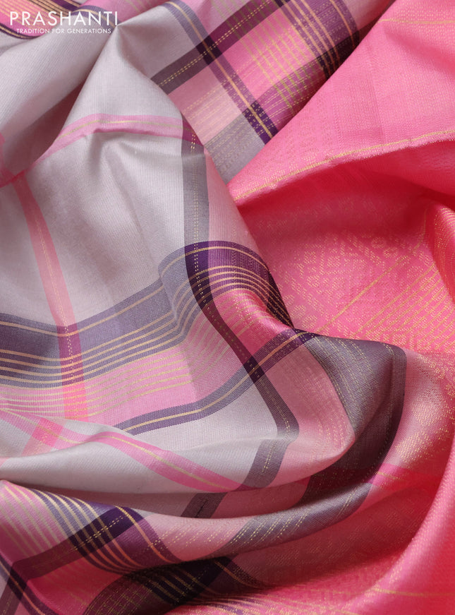 Pure soft silk saree pastel grey and peach pink with allover zari checked pattern In borderless style