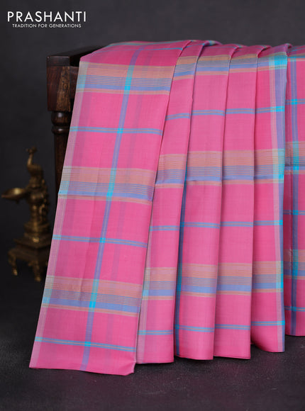 Pure soft silk saree pink and light blue with allover zari checked pattern In borderless style