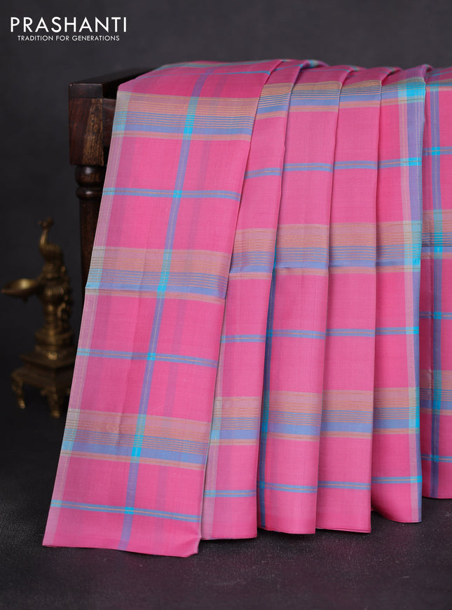 Pure soft silk saree pink and light blue with allover zari checked pattern In borderless style
