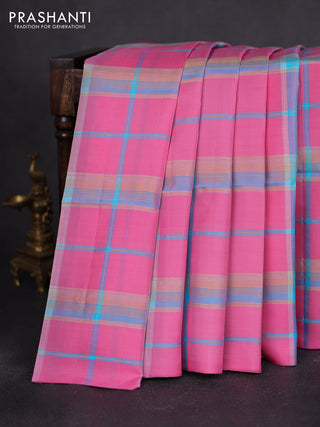 Pure soft silk saree pink and light blue with allover zari checked pattern In borderless style