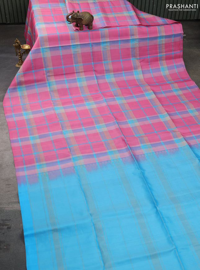 Pure soft silk saree pink and light blue with allover zari checked pattern In borderless style