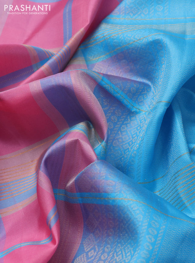 Pure soft silk saree pink and light blue with allover zari checked pattern In borderless style