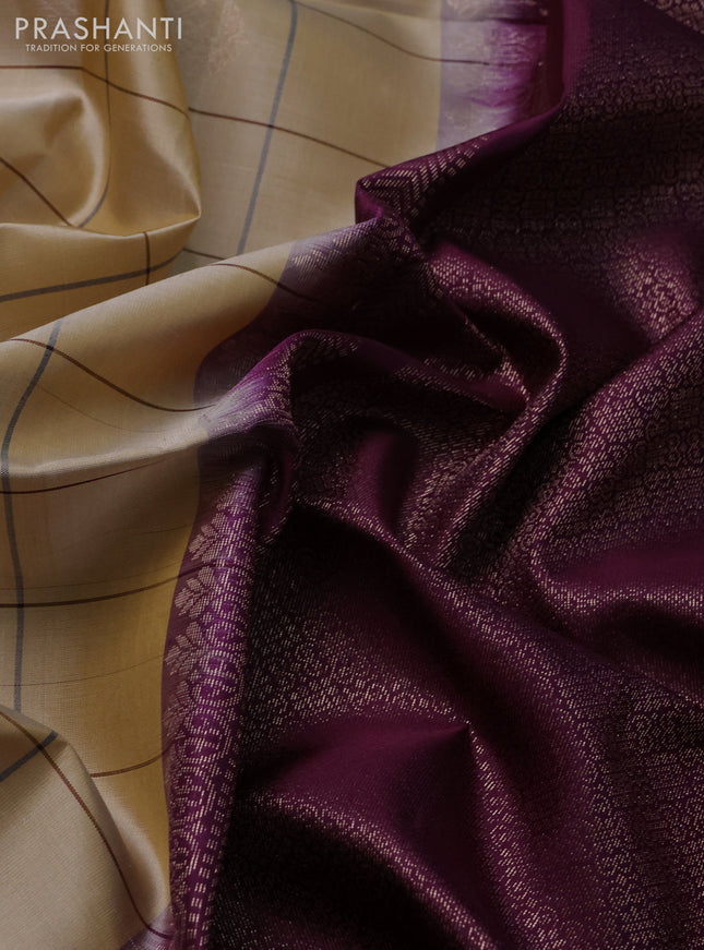 Pure soft silk saree sandal and deep purple with allover checks & zari buttas and piping border