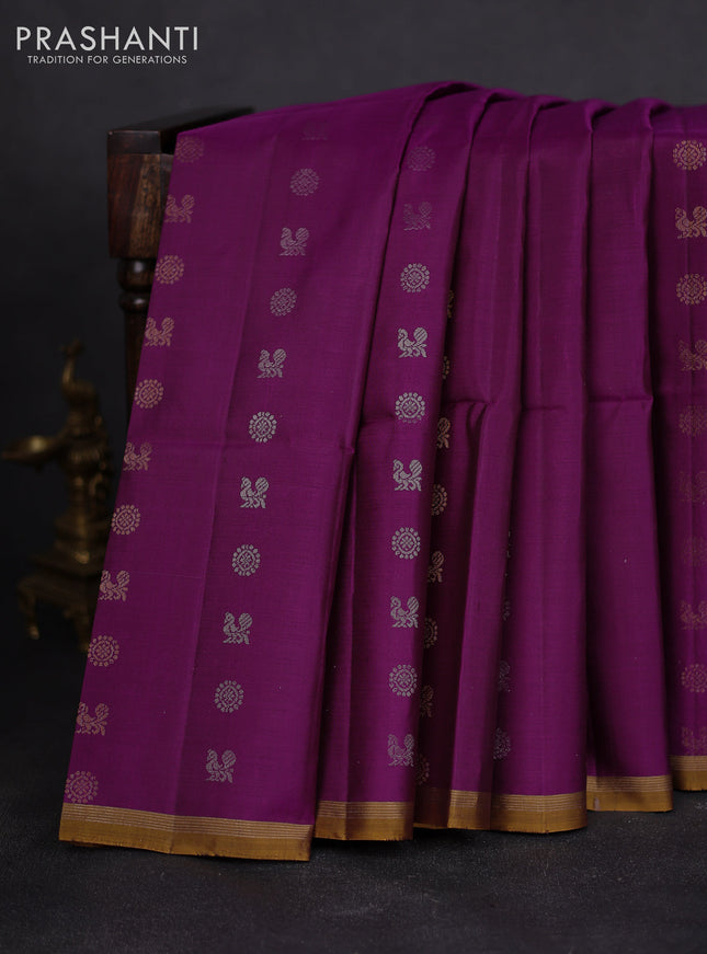 Pure soft silk saree purple and dark mustard with allover silver & gold zari woven buttas and zari woven simple border