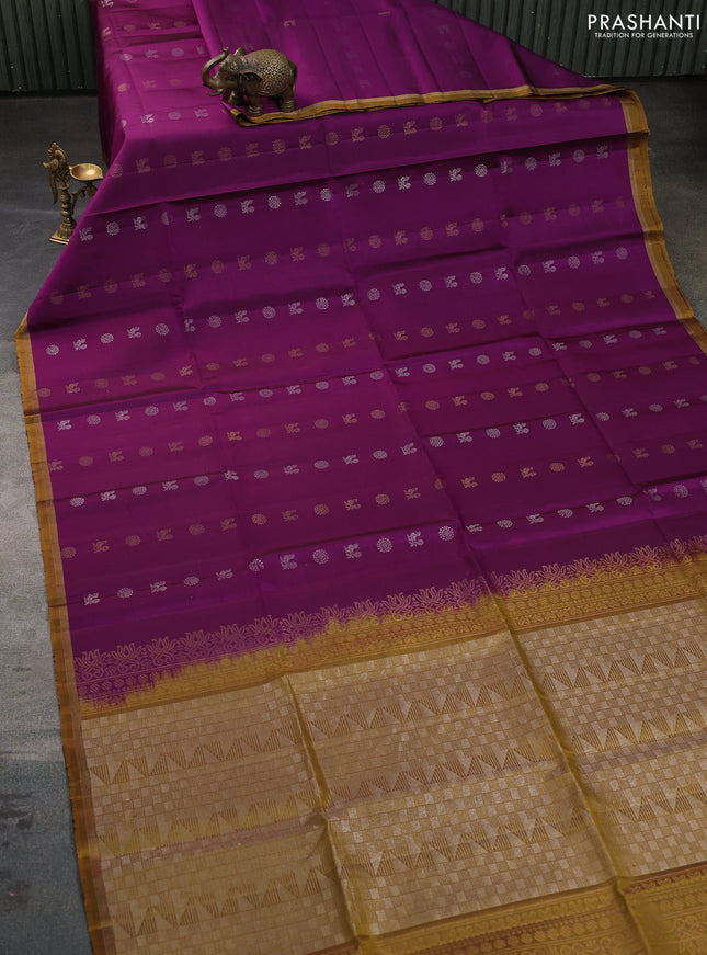 Pure soft silk saree purple and dark mustard with allover silver & gold zari woven buttas and zari woven simple border