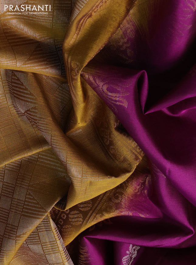 Pure soft silk saree purple and dark mustard with allover silver & gold zari woven buttas and zari woven simple border