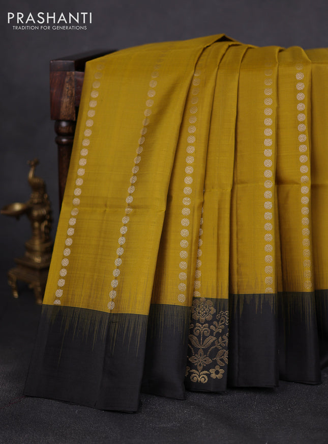 Pure soft silk saree mustard yellow and black with allover silver zari woven buttas and zari woven butta border