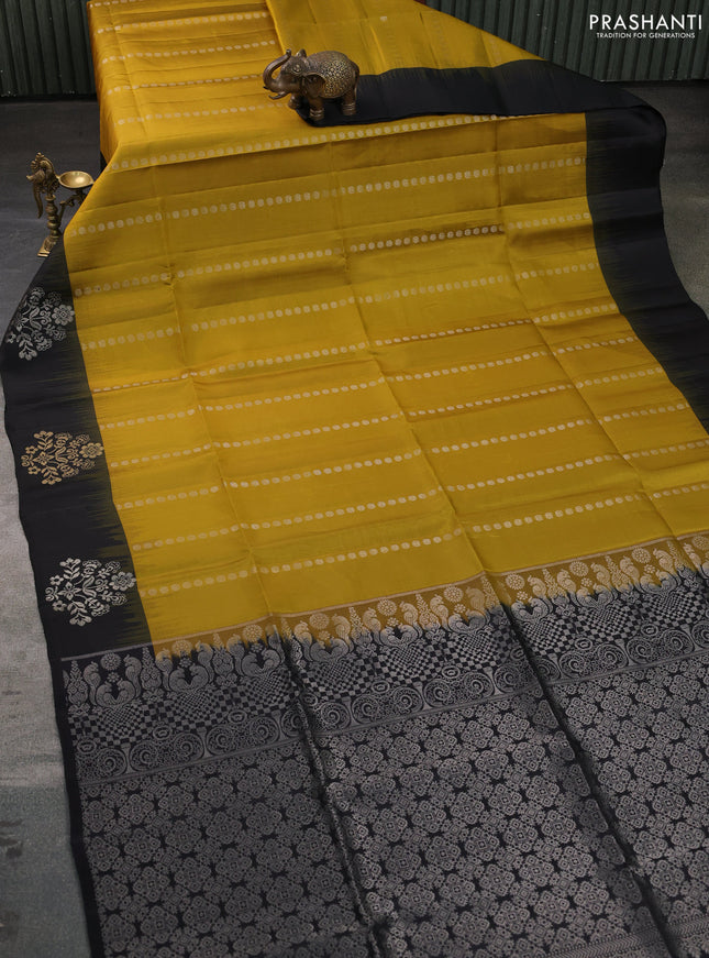 Pure soft silk saree mustard yellow and black with allover silver zari woven buttas and zari woven butta border