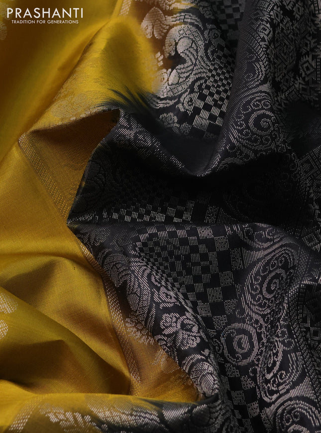 Pure soft silk saree mustard yellow and black with allover silver zari woven buttas and zari woven butta border