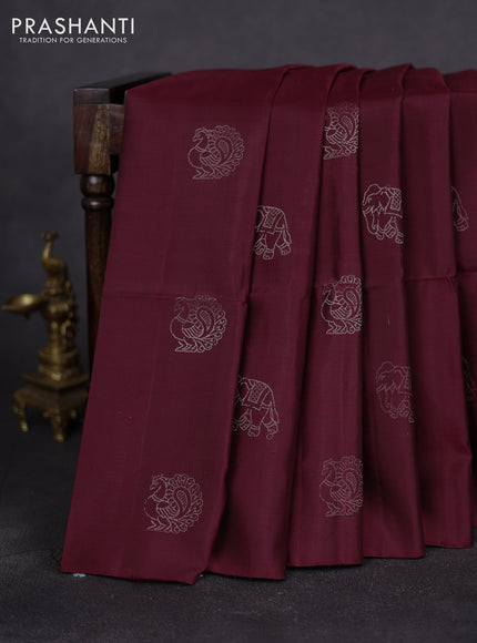 Pure soft silk saree deep maroon with zari woven buttas in borderless style