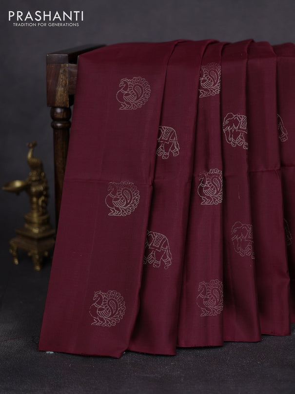 Pure soft silk saree deep maroon with zari woven buttas in borderless style