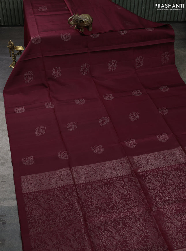 Pure soft silk saree deep maroon with zari woven buttas in borderless style