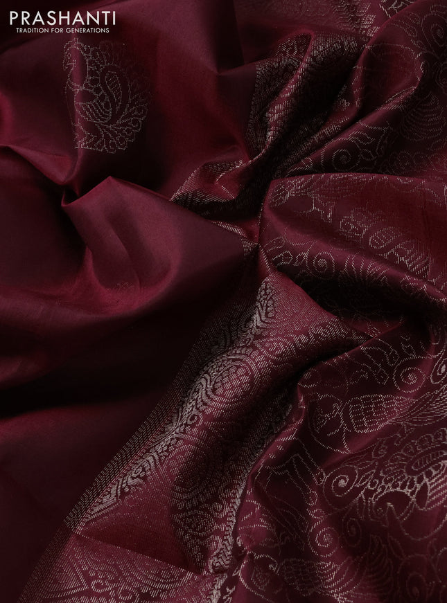 Pure soft silk saree deep maroon with zari woven buttas in borderless style