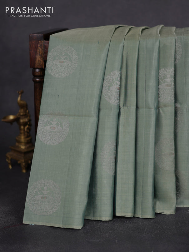 Pure soft silk saree pastel green and purple with silver zari woven warli buttas in borderless style