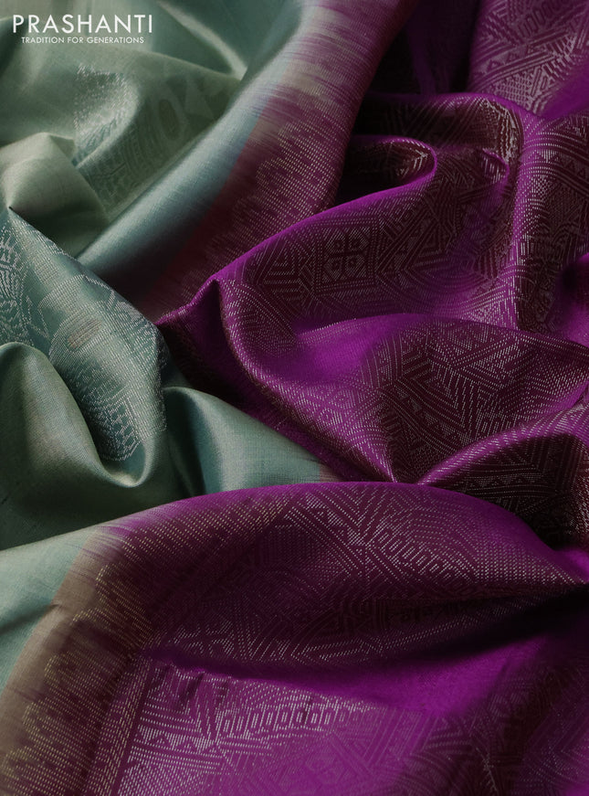 Pure soft silk saree pastel green and purple with silver zari woven warli buttas in borderless style