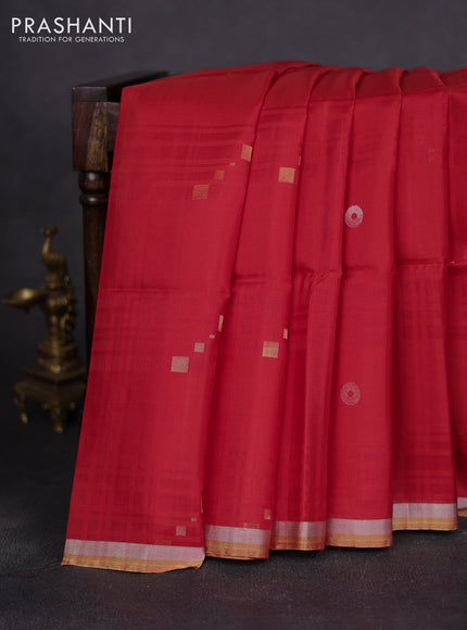Pure soft silk saree red with zari woven geometric buttas and silver & gold zari woven border